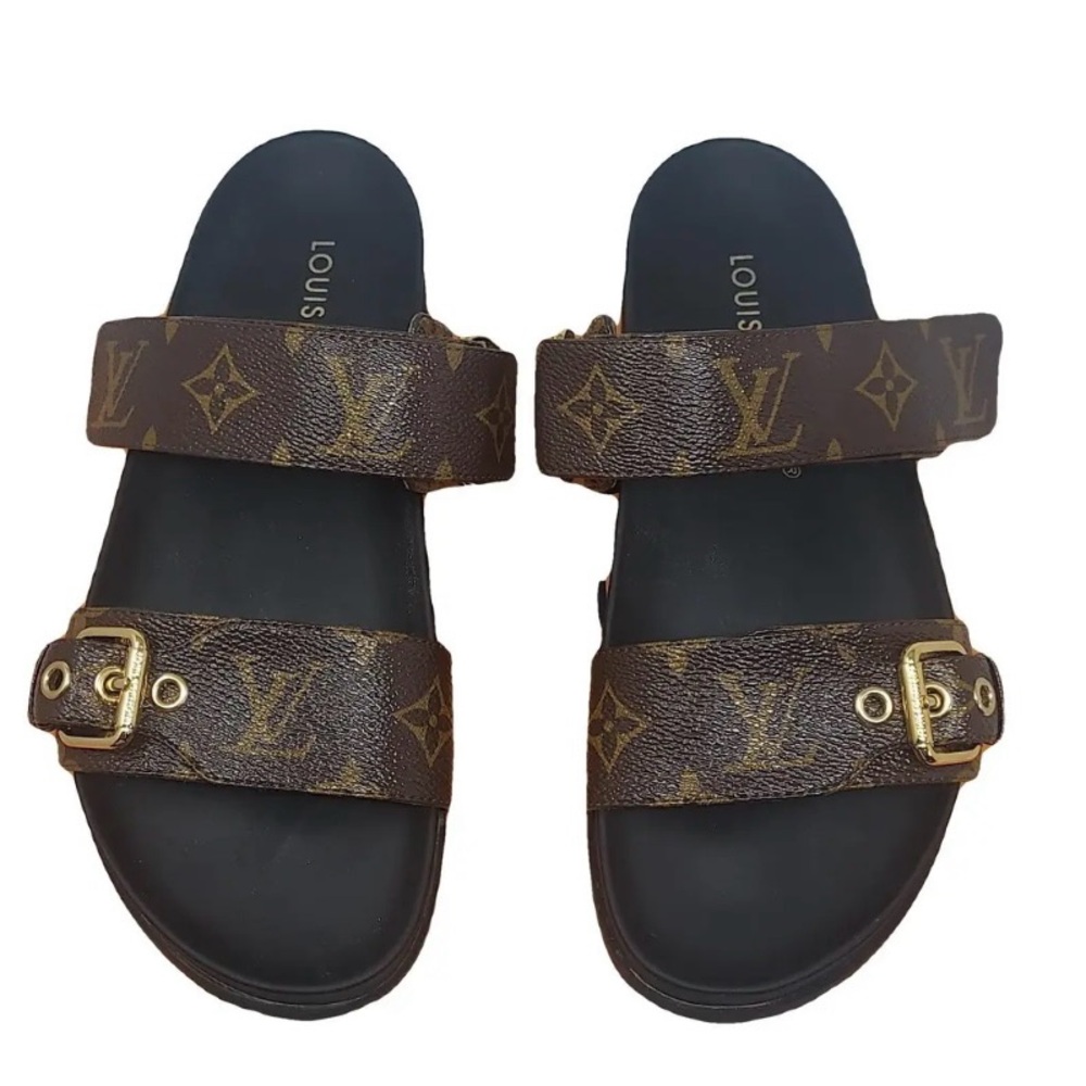 Louis Vuitton Monogram Brown and Gold Slides